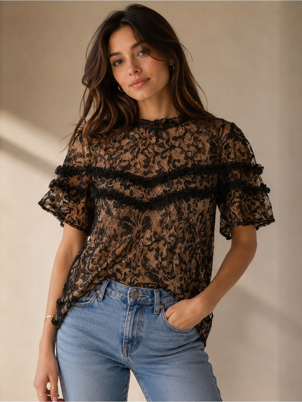 Zara Black Sheer Lace Ruffle Sleeve Blouse